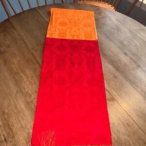 Shanghai Tang 100% Silk Jacquard Chinese motif Fringe Scarf Red Orange Gold